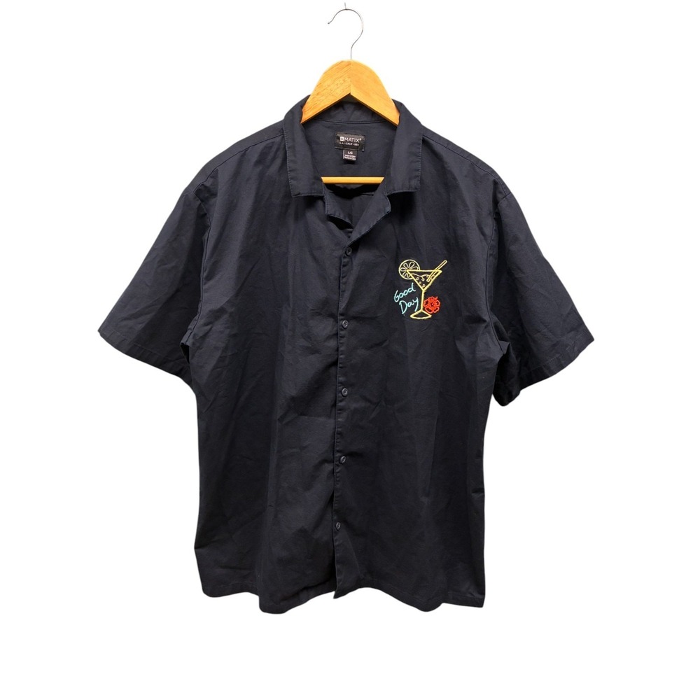 Matix Button Down Shirt Men's Size‎ L Black Short Sleeve Embroidered Graphic